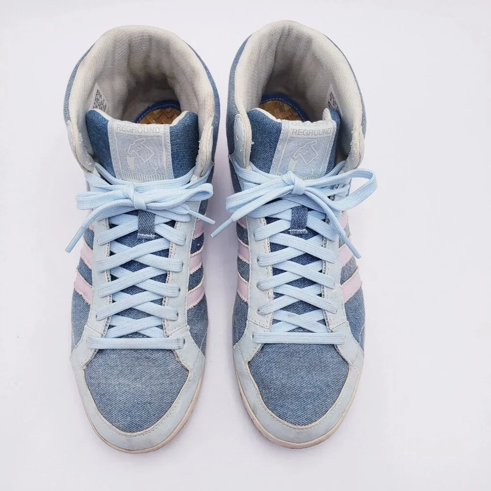 Adidas reGround Grum Hi-Top Sneaker Blue Lace Up Pink Stripe Women's Size‎ 10